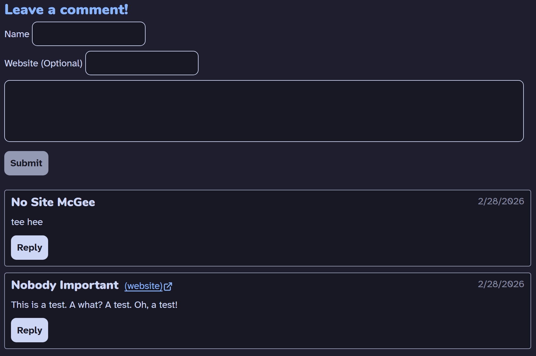 A screenshot of a placeholder comment section, showing both the form and some dummy comments.