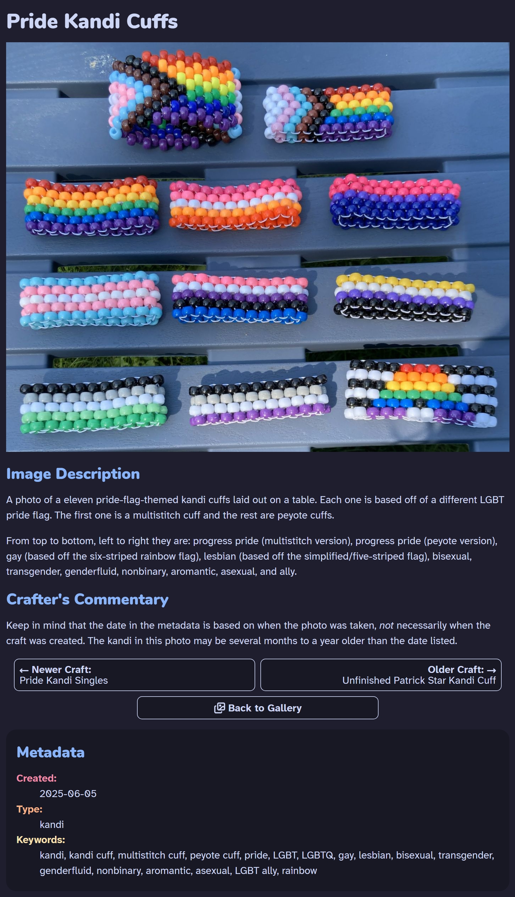 A screenshot of an individual page in the gallery, it shows one of the images blown-up with it's image description, commentary, and metadata beneath it.