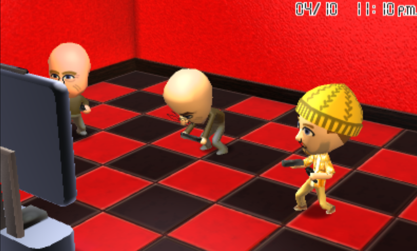 Hank, Walter, and Jesse in a black and red checkered room. They're playing on a Wii U together, Walter is holding the game pad while Hank and Jesse have wiimotes.