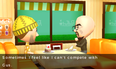 Walter and Jesse sitting across from each other at a booth at the cafe. Walter says 'Sometimes I feel like I can't compete with Gus'.
