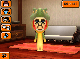Walter in his apartment, standing and facing the player while wearing his dinosaur costume.