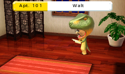 Walter in his apartment, reading a book while wearing his dinosaur costume.