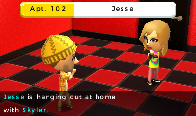 Skyler and Jesse doing some stretches in Jesse's apartment. The game says 'Jesse is hanging out at home with Skyler'.