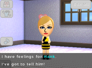 Kim in her apartment, talking to the player while wearing a bumblebee costume. She says 'I have feelings for Hank. I've got to tell him!'.