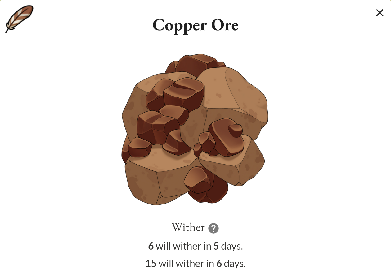 A screenshot of some copper ore in my inventory. It says that 6 pieces will wither in 5 days and 15 pieces will wither in 6 days.